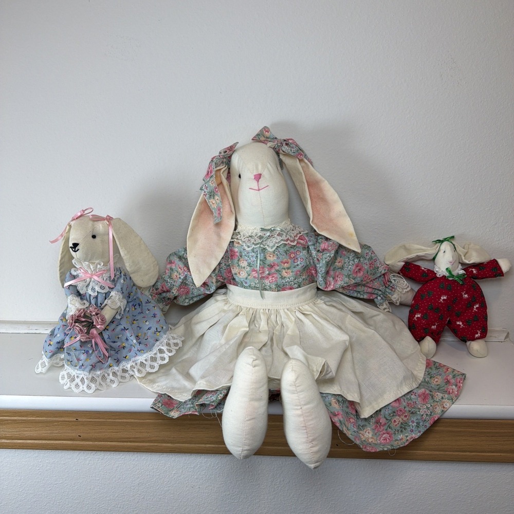 Vintage Bunny Rabbit Dolls Handmade Dress Pinafore Floppy Ears Floral Set‎ Of 3